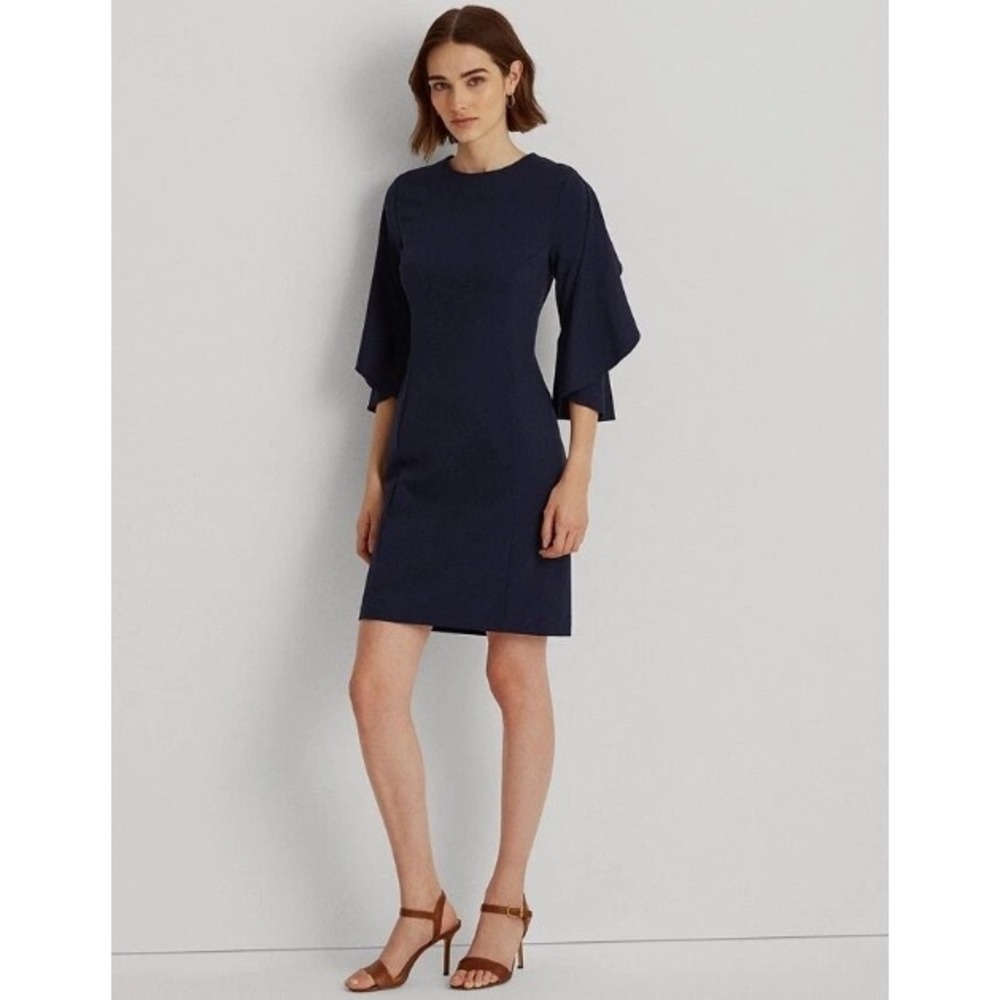Lauren Ralph Lauren Sheath Dress Navy Blue Cascading Ruffle Sleeve Mini 12